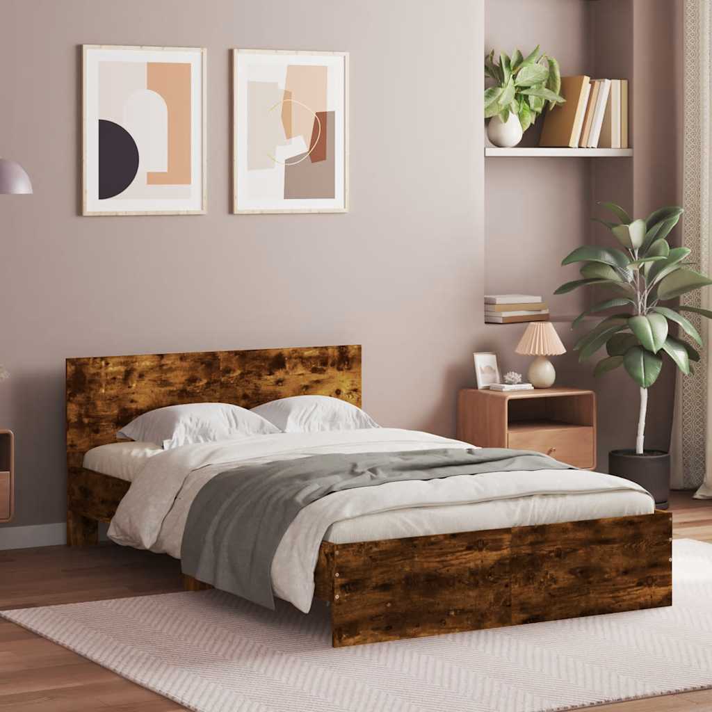 vidaXL Rama łóżka z wezgłowiem i LED, przydymiony dąb, 120x190 cm