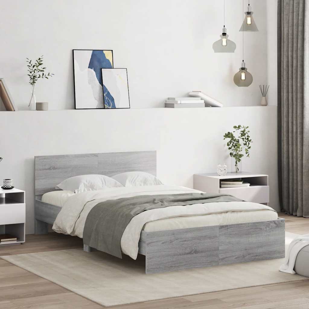 vidaXL Rama łóżka z wezgłowiem i LED, szary dąb sonoma, 120x190 cm
