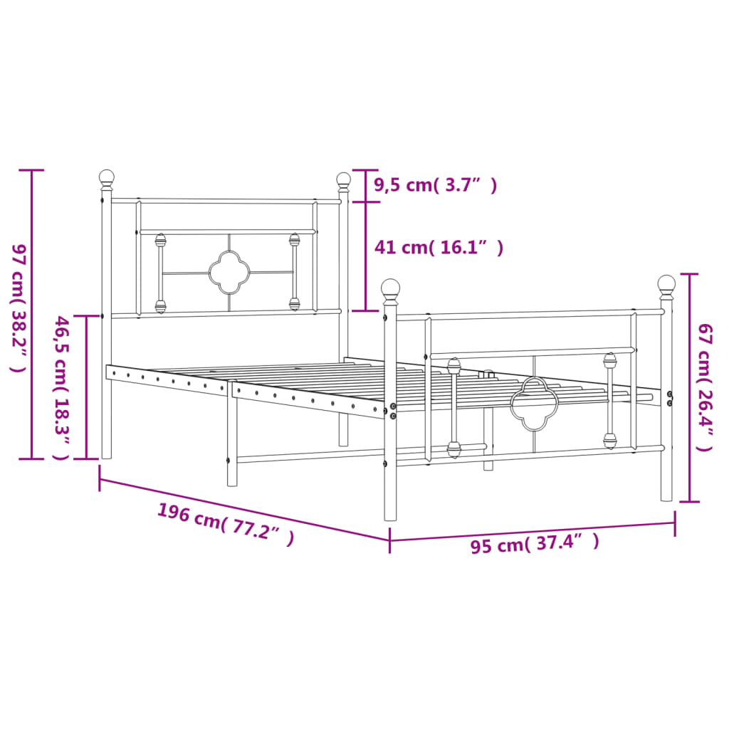 vidaXL Metalowa rama łóżka z wezgłowiem i zanóżkiem, czarna, 90x190 cm