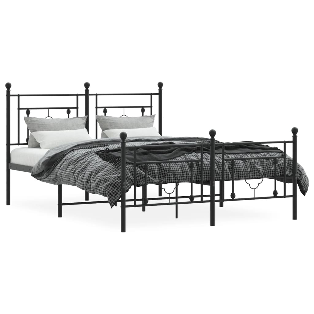 vidaXL Metalowa rama łóżka z wezgłowiem i zanóżkiem, czarna, 135x190cm
