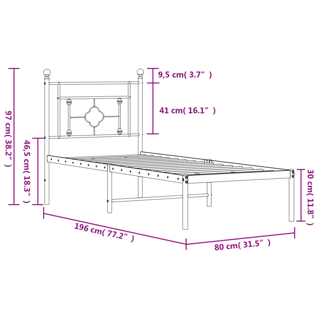 vidaXL Metalowe łóżko z wezgłowiem, bez materaca, białe, 75x190 cm