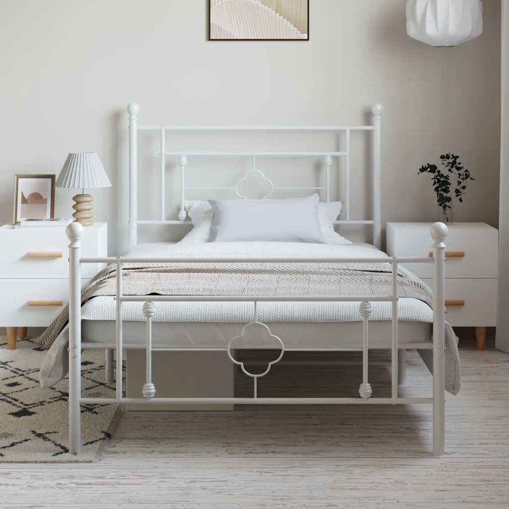 vidaXL Metalowa rama łóżka z wezgłowiem i zanóżkiem, biała, 100x200 cm