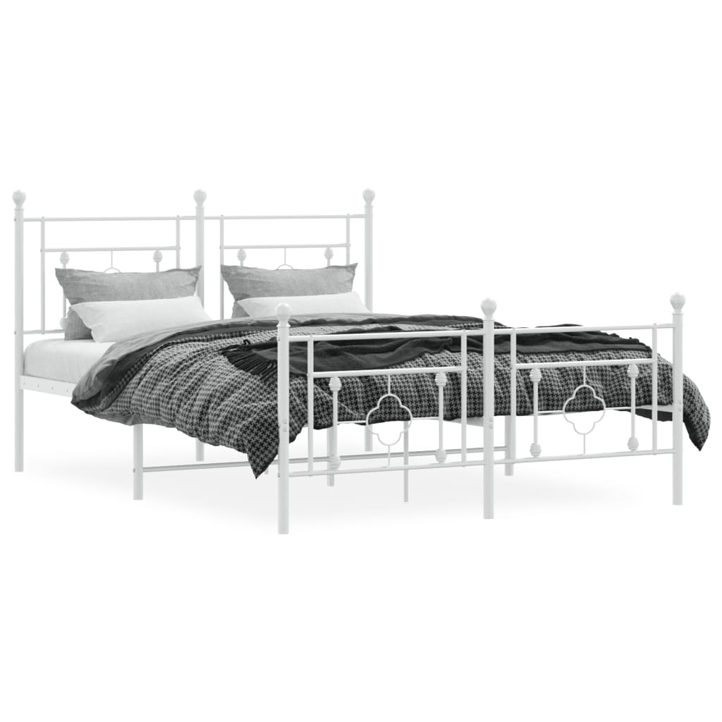 vidaXL Metalowa rama łóżka z wezgłowiem i zanóżkiem, biała, 135x190 cm