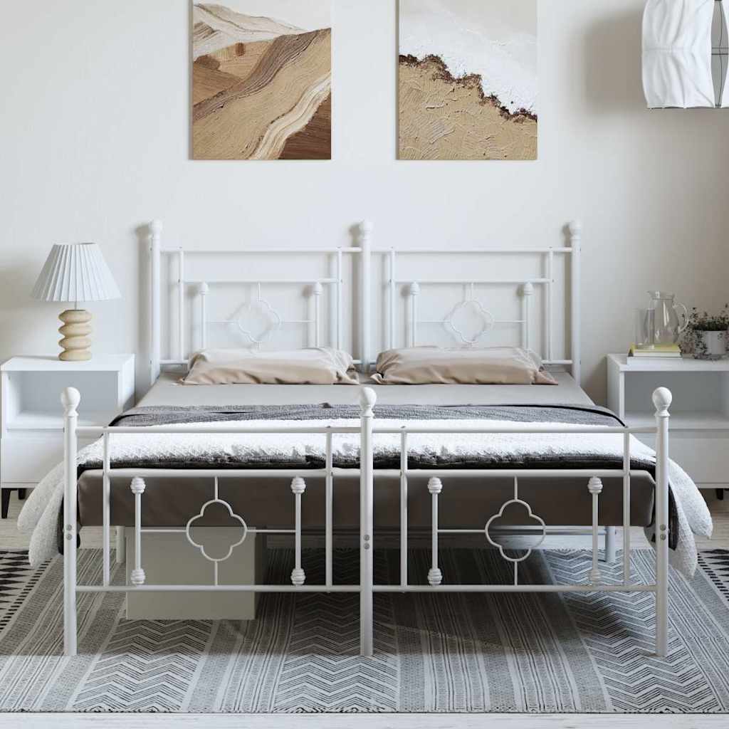 vidaXL Metalowa rama łóżka z wezgłowiem i zanóżkiem, biała, 150x200 cm