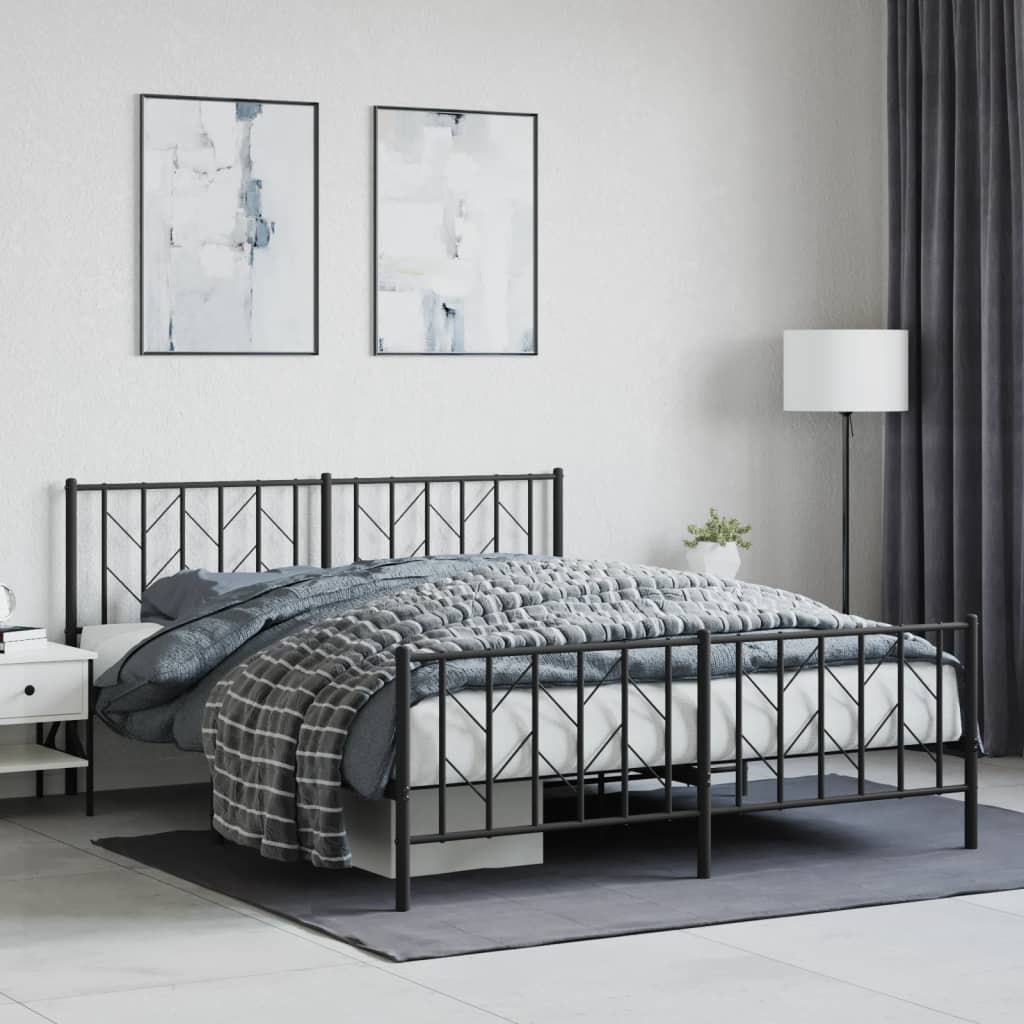 vidaXL Metalowe łóżko z zanóżkiem, bez materaca, czarne, 160x200 cm