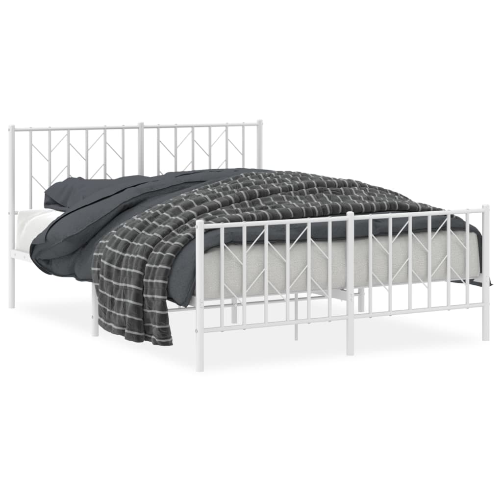 vidaXL Metalowa rama łóżka z wezgłowiem i zanóżkiem, biała, 135x190 cm