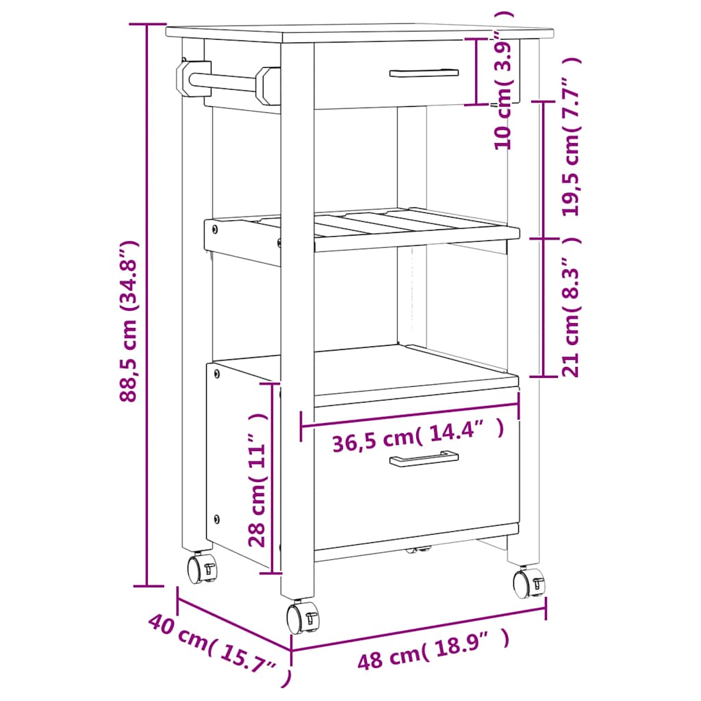 vidaXL Wózek kuchenny, MONZA, 48x40x88,5 cm, lite drewno sosnowe