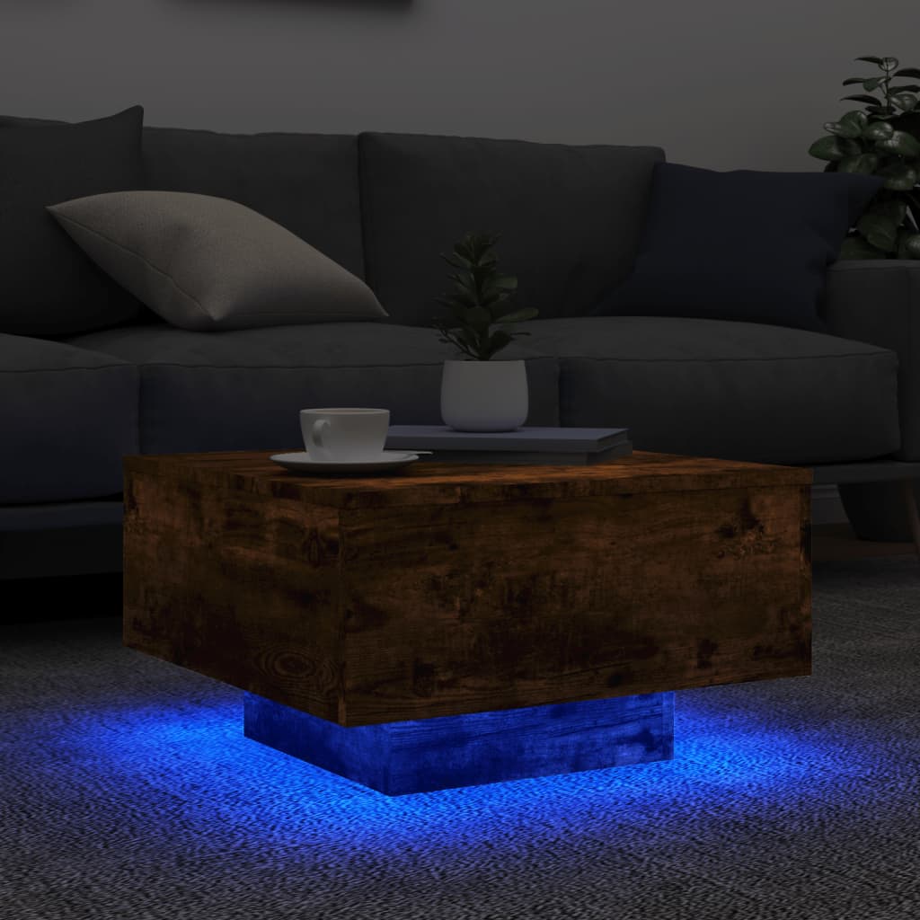 vidaXL Stolik kawowy z LED, przydymiony dąb, 55x55x31 cm