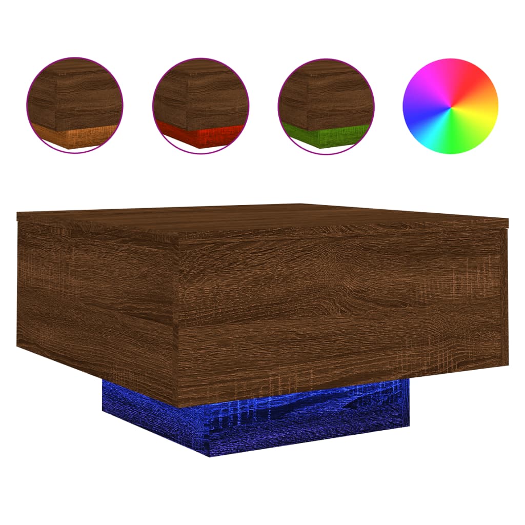 vidaXL Stolik kawowy z podświetleniem LED, brązowy dąb, 55x55x31 cm