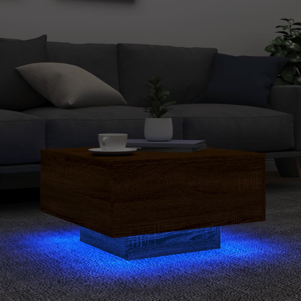 vidaXL Stolik kawowy z podświetleniem LED, brązowy dąb, 55x55x31 cm