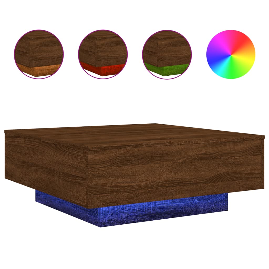 vidaXL Stolik kawowy z podświetleniem LED, brązowy dąb, 80x80x31 cm