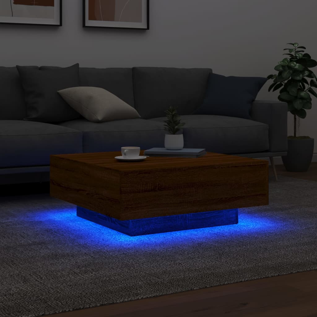 vidaXL Stolik kawowy z podświetleniem LED, brązowy dąb, 80x80x31 cm