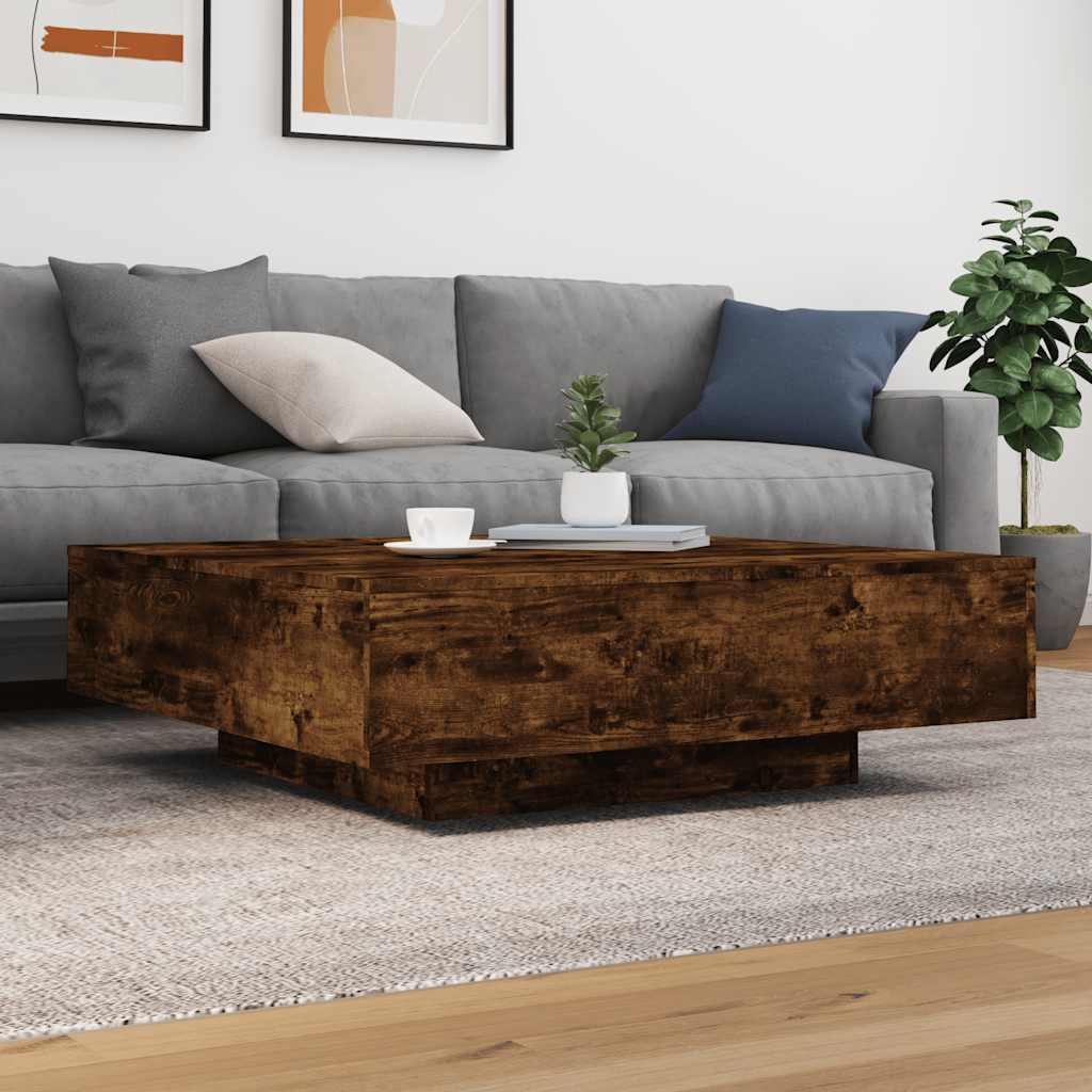 vidaXL Stolik kawowy z oświetleniem LED, przydymiony dąb, 100x100x31 cm