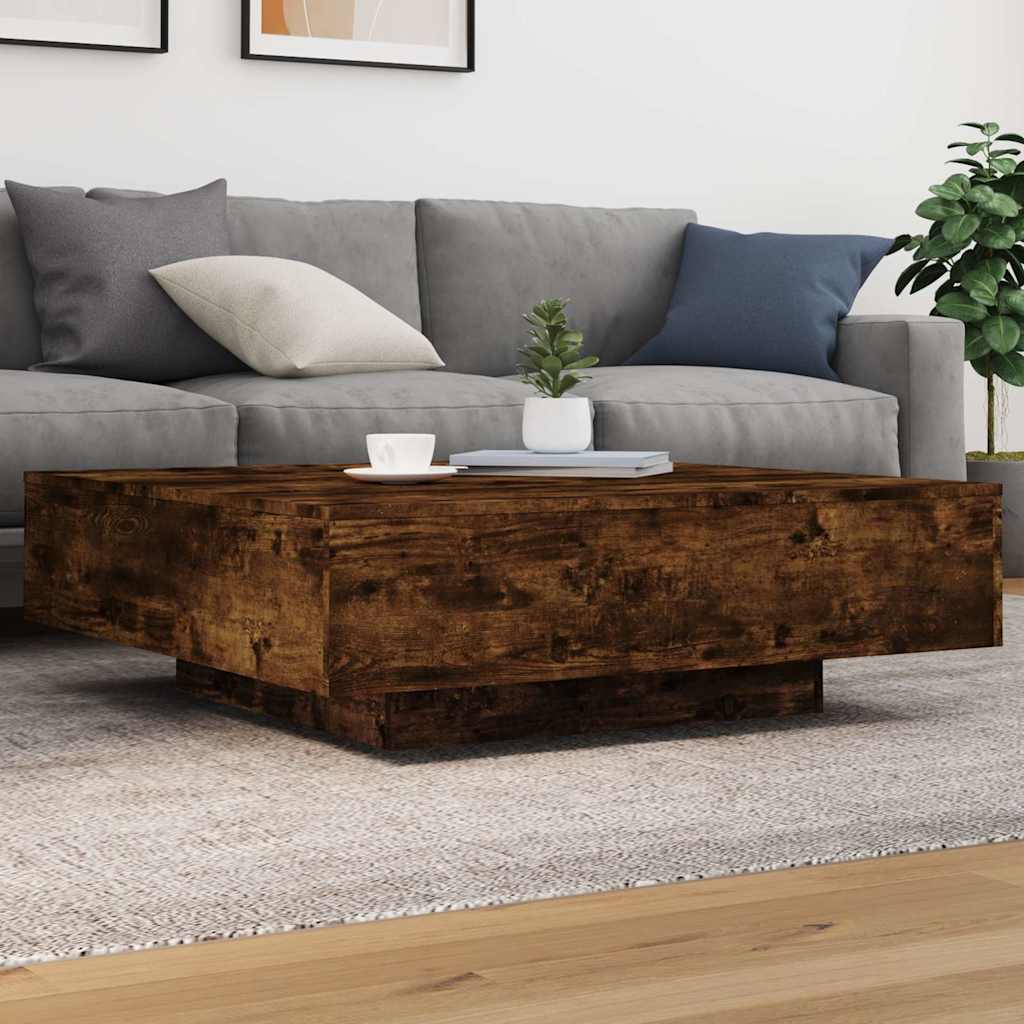 vidaXL Stolik kawowy z oświetleniem LED, przydymiony dąb, 100x100x31 cm