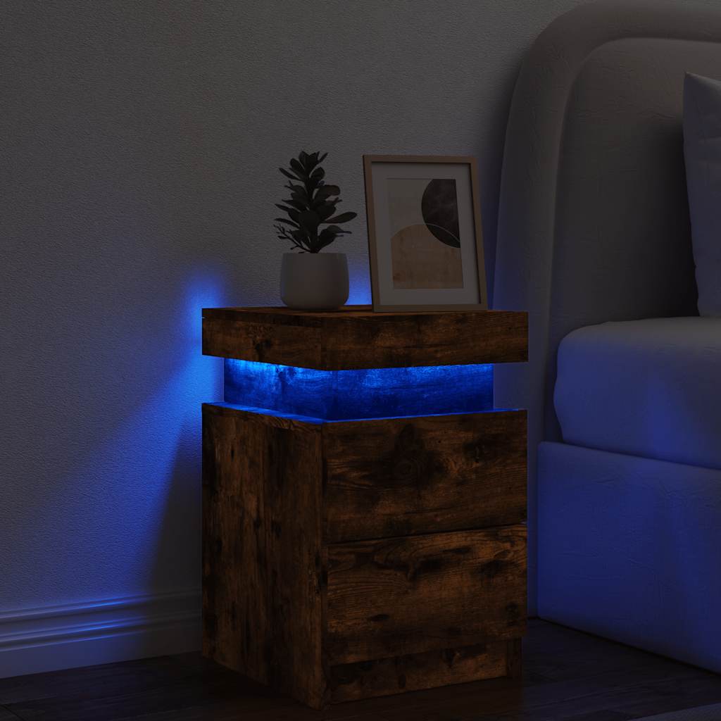 vidaXL Szafka nocna z oświetleniem LED, przydymiony dąb, 35x39x55 cm