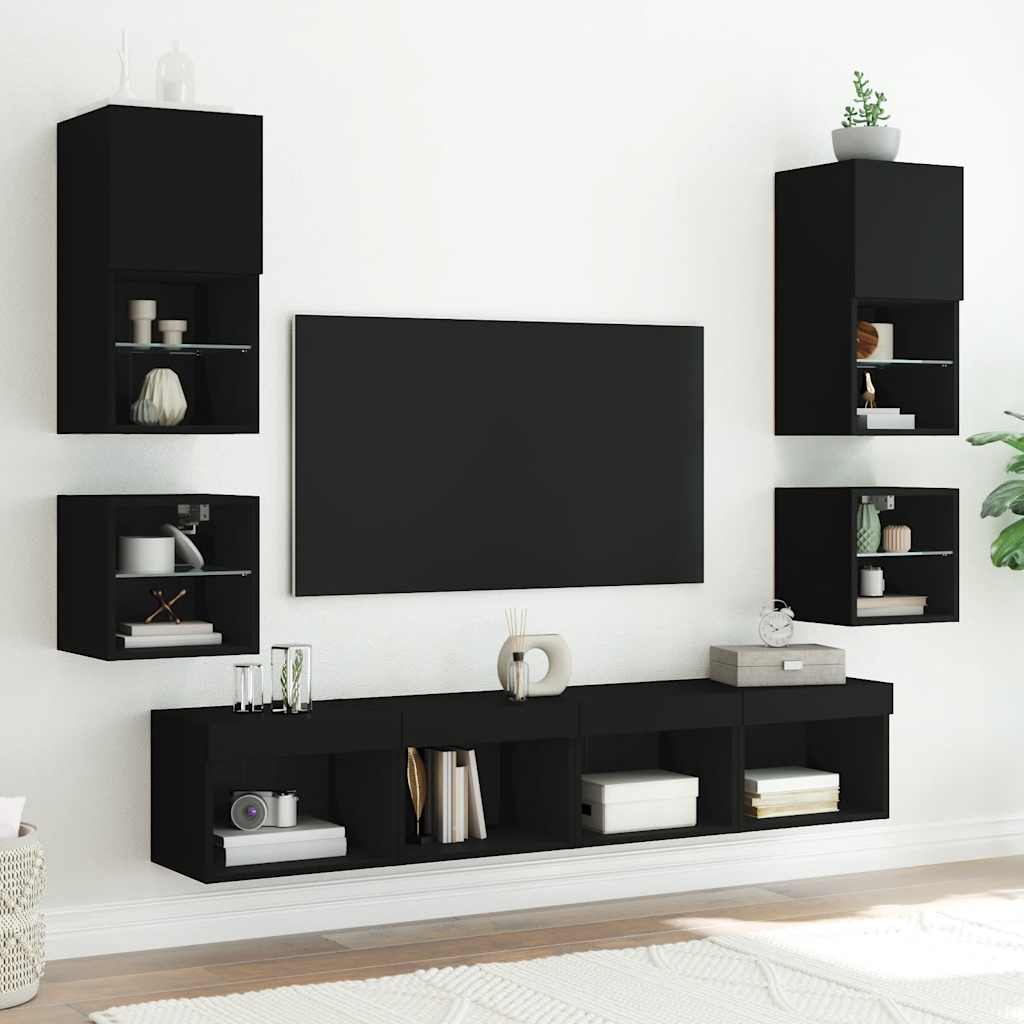 vidaXL Ścienna szafka TV z LED, czarna, 30x28,5x30 cm