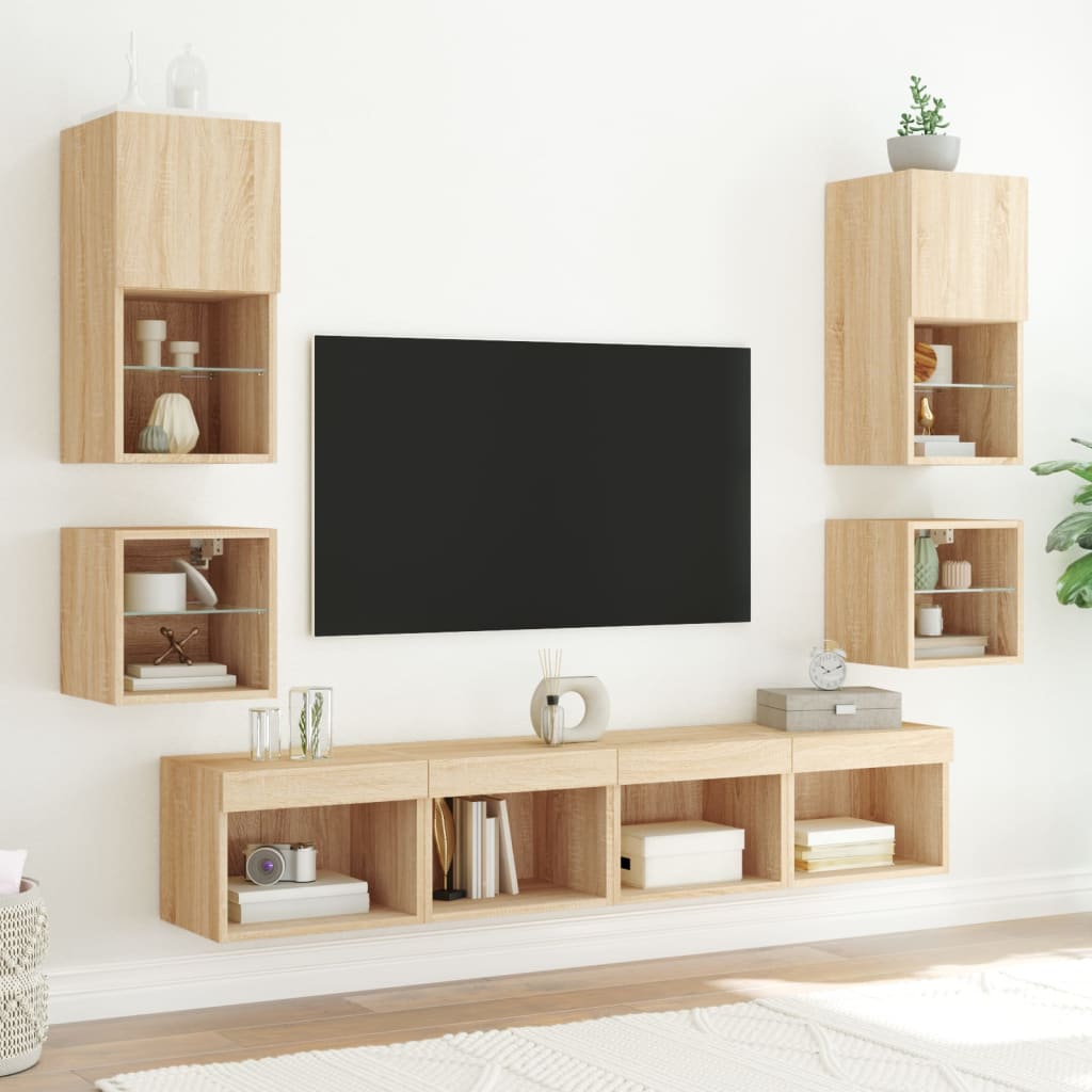 vidaXL Ścienne szafki TV z LED, 2 szt., dąb sonoma, 30x28,5x30 cm