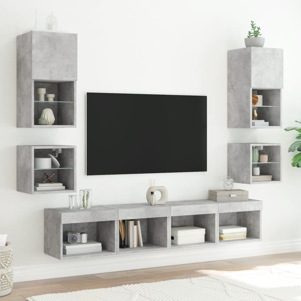 vidaXL Ścienne szafki TV z LED, 2 szt., szarość betonu, 30x28,5x30 cm