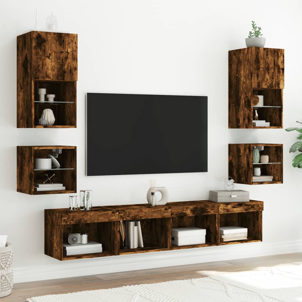 vidaXL Ścienne szafki TV z LED, 2 szt., przydymiony dąb, 30x28,5x30 cm