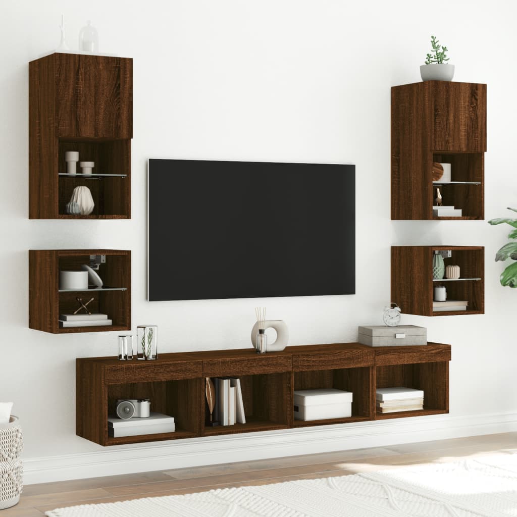 vidaXL Ścienna szafka TV z LED, brązowy dąb, 30x28,5x30 cm