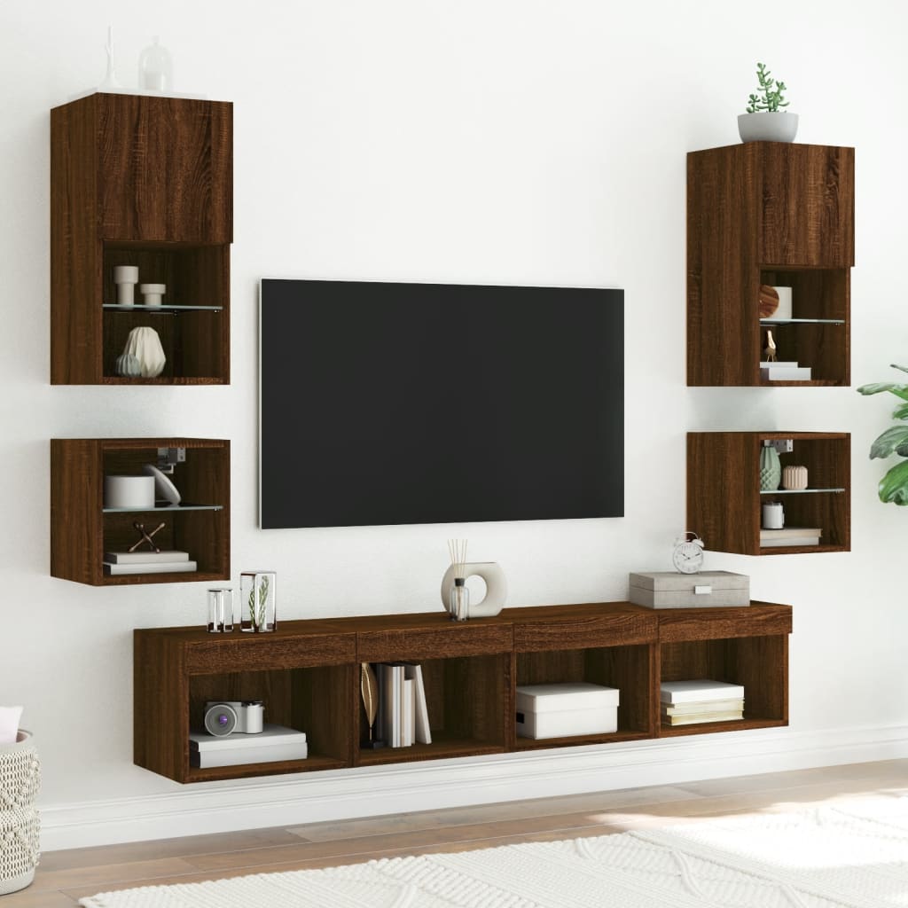 vidaXL Ścienne szafki TV z LED, 2 szt., brązowy dąb, 30x28,5x30 cm