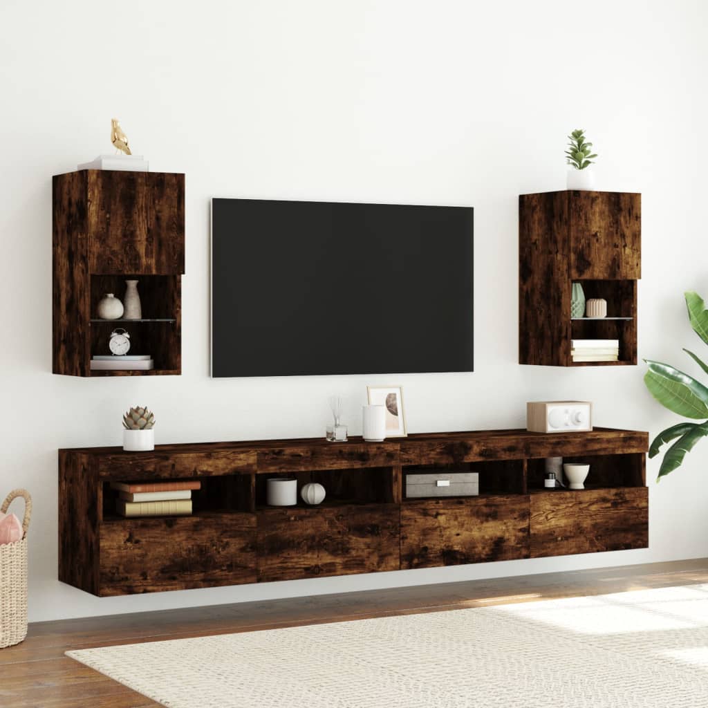vidaXL Szafki TV, z LED, 2 szt., przydymiony dąb, 30,5x30x60 cm