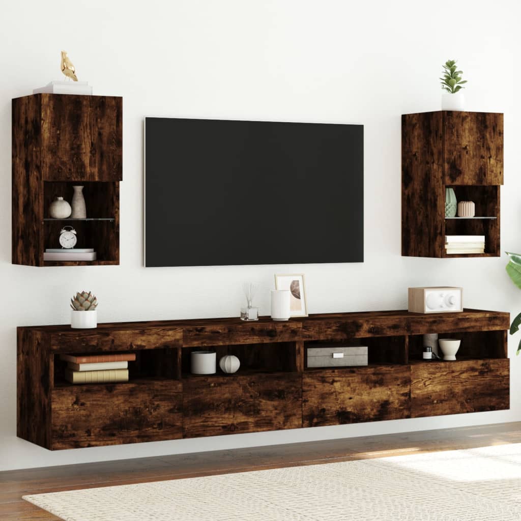 vidaXL Szafki TV, z LED, 2 szt., przydymiony dąb, 30,5x30x60 cm