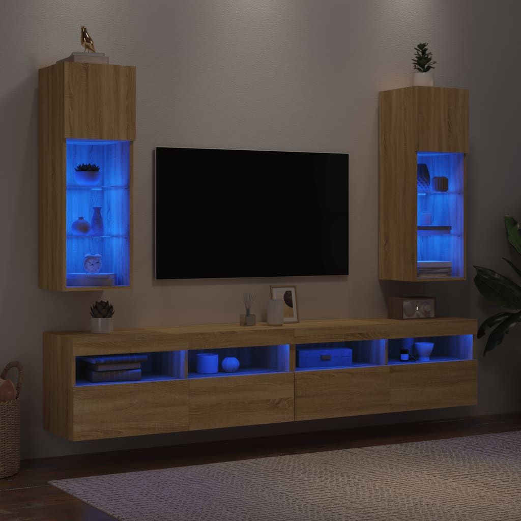 vidaXL Szafki TV, z LED, 2 szt., dąb sonoma, 30,5x30x90 cm