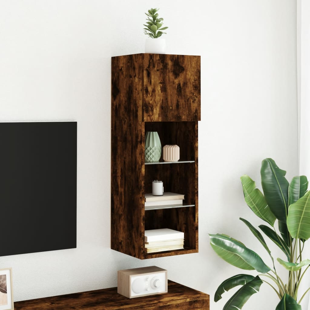vidaXL Szafka TV, z LED, przydymiony dąb, 30,5x30x90 cm