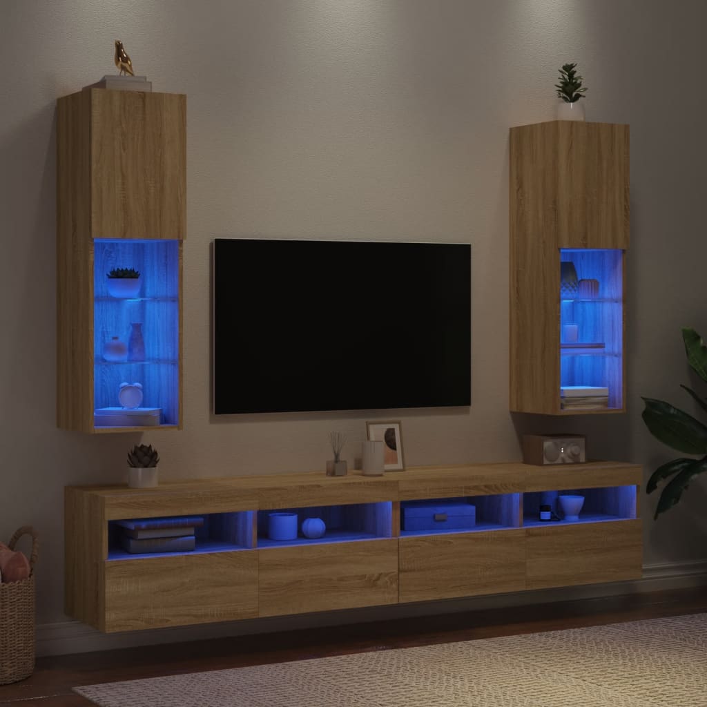 vidaXL Szafki TV, z LED, 2 szt., dąb sonoma, 30,5x30x102 cm