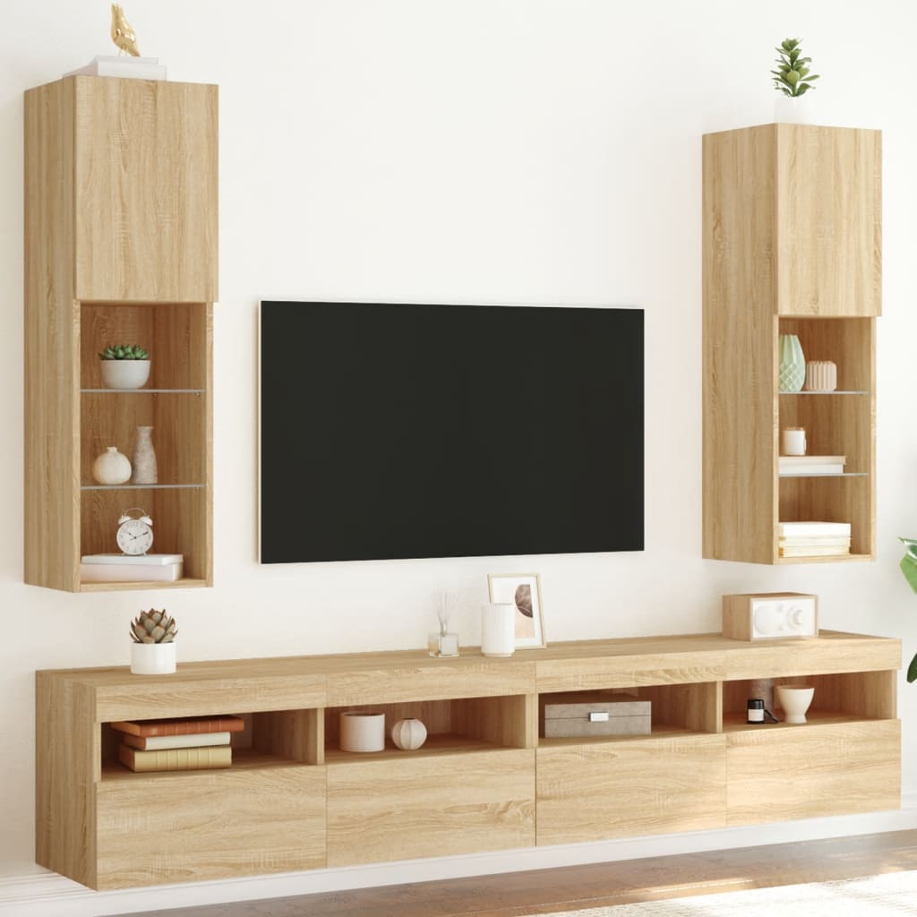 vidaXL Szafki TV, z LED, 2 szt., dąb sonoma, 30,5x30x102 cm