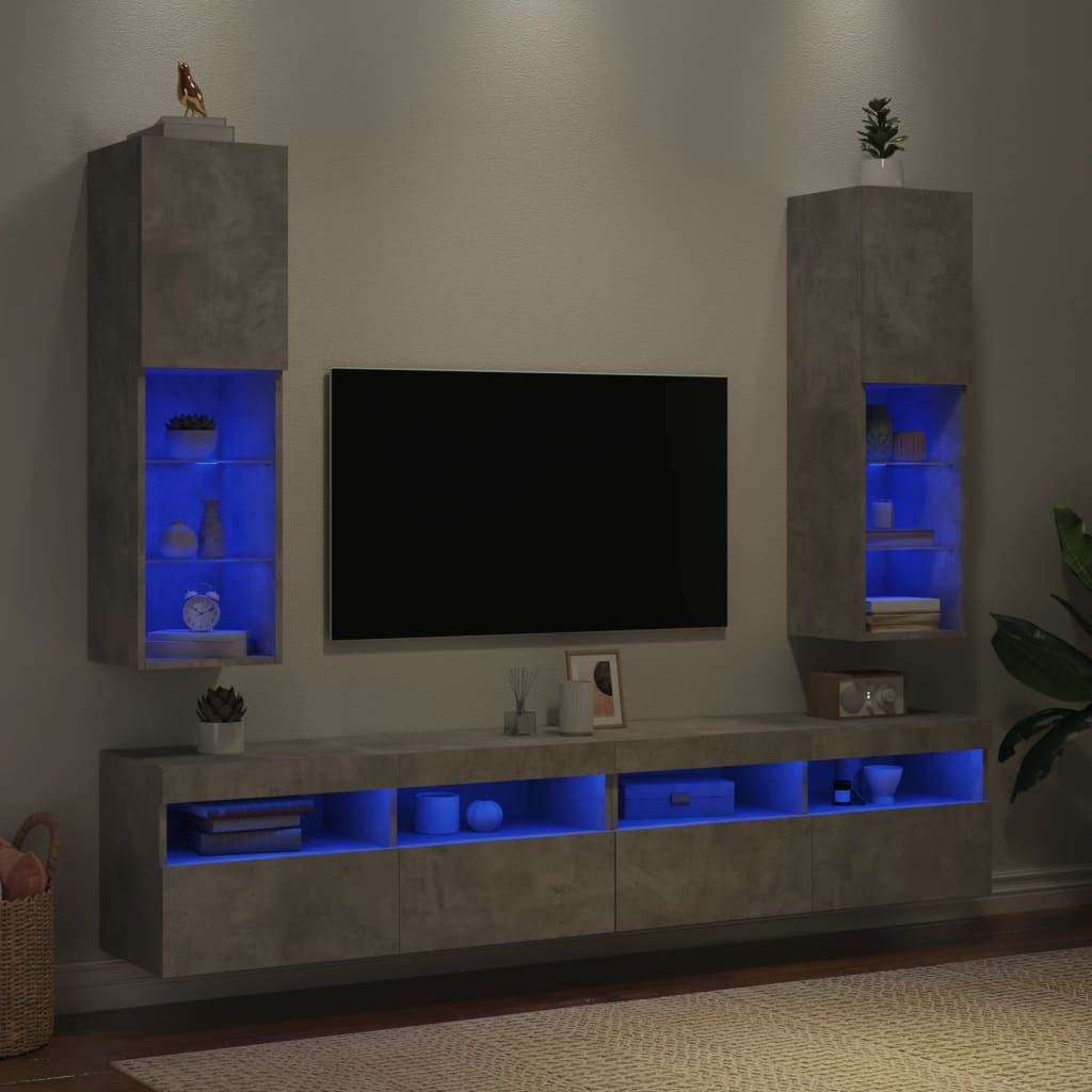 vidaXL Szafki TV, z LED, 2 szt., szarość betonu, 30,5x30x102 cm