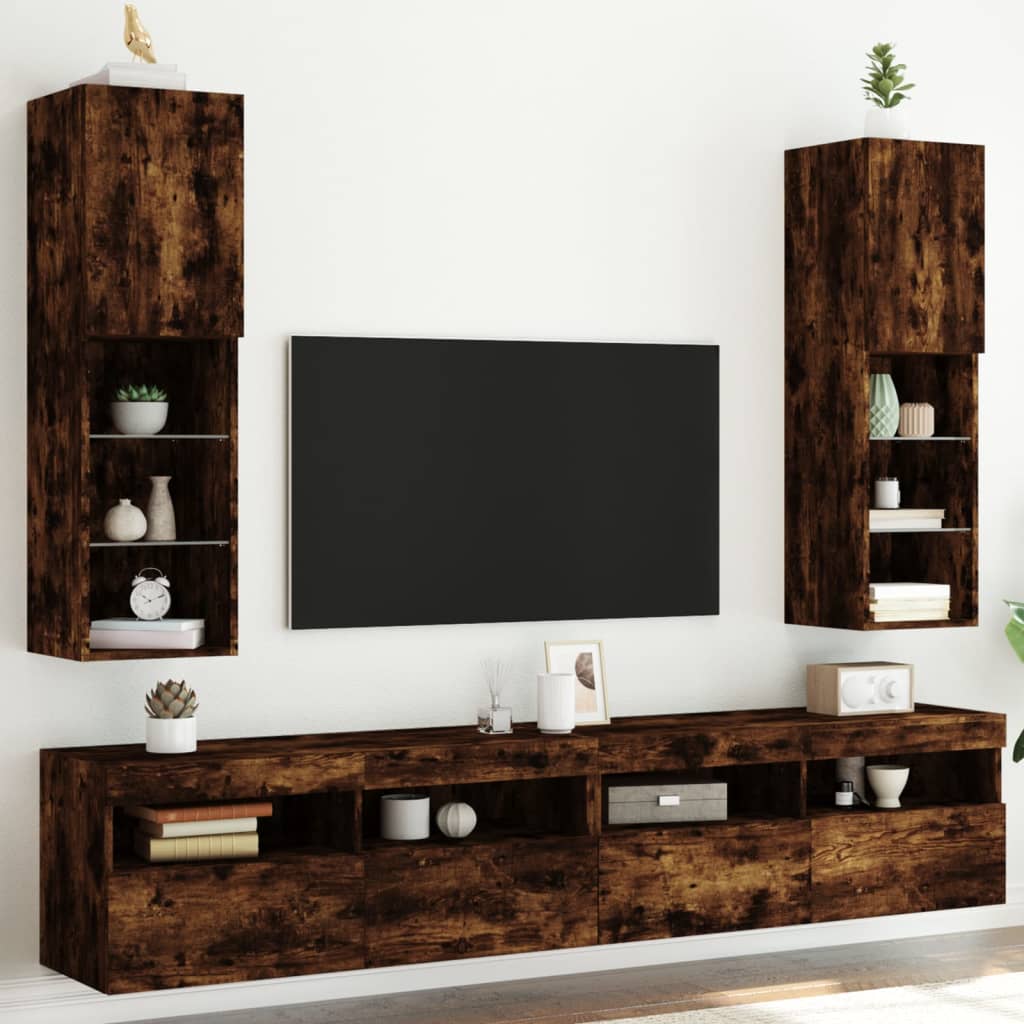 vidaXL Szafki TV, z LED, 2 szt., przydymiony dąb, 30,5x30x102 cm