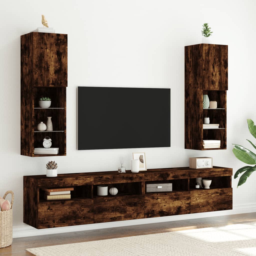 vidaXL Szafki TV, z LED, 2 szt., przydymiony dąb, 30,5x30x102 cm