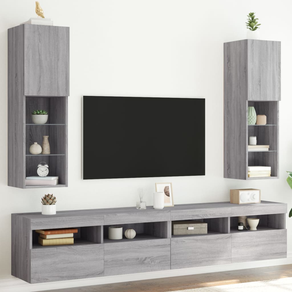 vidaXL Szafki TV, z LED, 2 szt., szary dąb sonoma, 30,5x30x102 cm