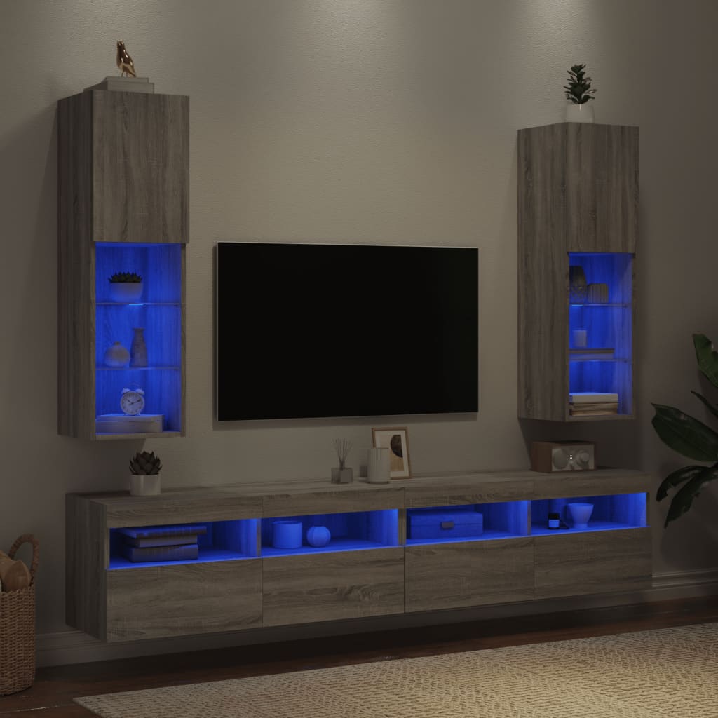 vidaXL Szafki TV, z LED, 2 szt., szary dąb sonoma, 30,5x30x102 cm