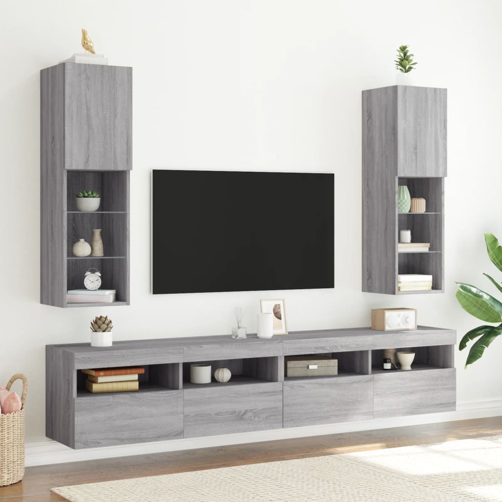 vidaXL Szafki TV, z LED, 2 szt., szary dąb sonoma, 30,5x30x102 cm