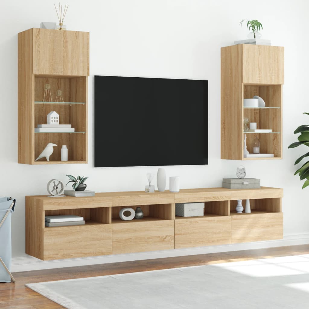vidaXL Szafki TV, z LED, 2 szt., dąb sonoma, 40,5x30x90 cm