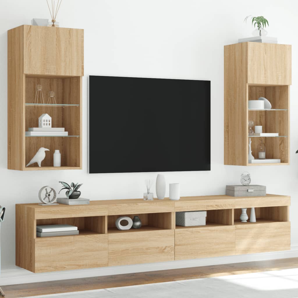 vidaXL Szafki TV, z LED, 2 szt., dąb sonoma, 40,5x30x90 cm