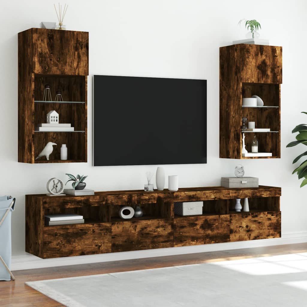 vidaXL Szafki TV, z LED, 2 szt., przydymiony dąb, 40,5x30x90 cm