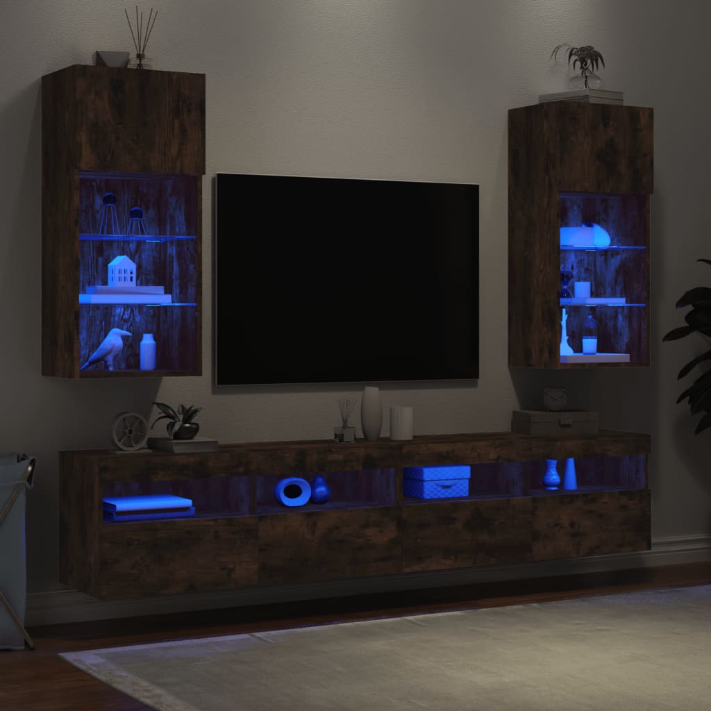 vidaXL Szafki TV, z LED, 2 szt., przydymiony dąb, 40,5x30x90 cm