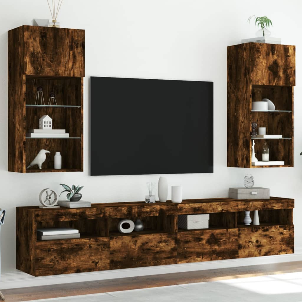 vidaXL Szafki TV, z LED, 2 szt., przydymiony dąb, 40,5x30x90 cm