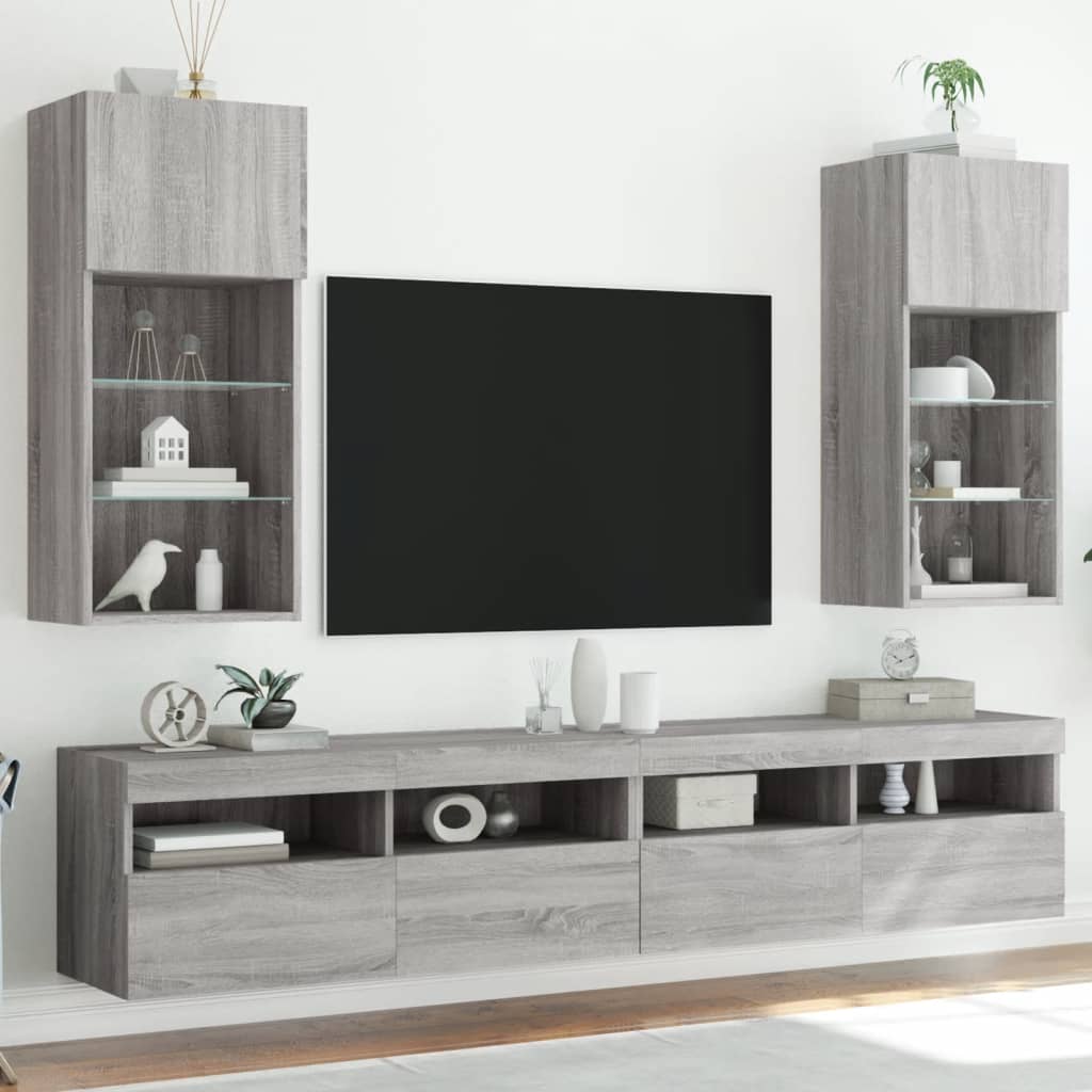 vidaXL Szafki TV, z LED, 2 szt., szary dąb sonoma, 40,5x30x90 cm