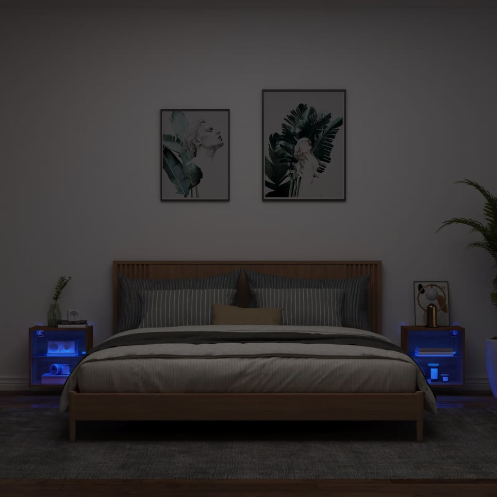 vidaXL Szafki nocne z oświetleniem LED, ścienne, 2 szt., brązowy dąb
