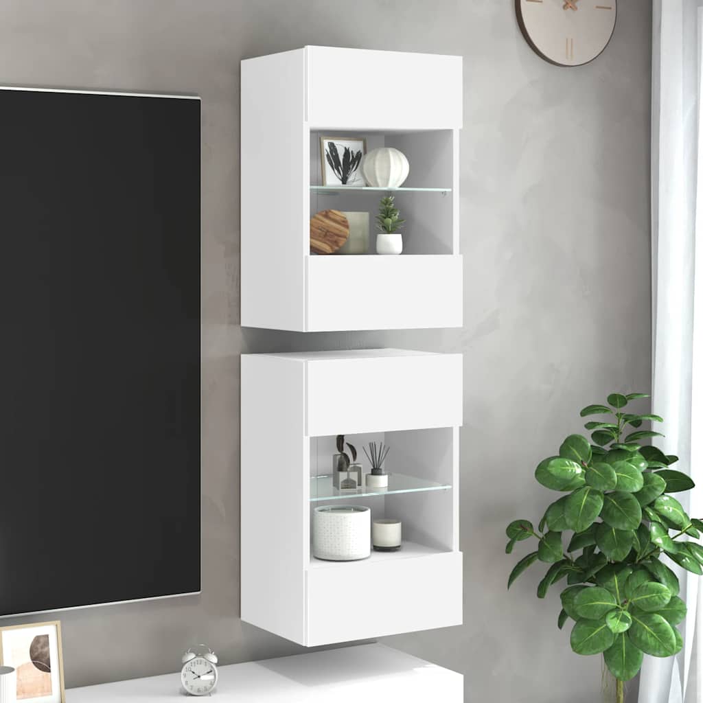 vidaXL Szafki wiszące z oświetleniem LED do telewizora, 2 szt., białe, 40x30x60,5 cm