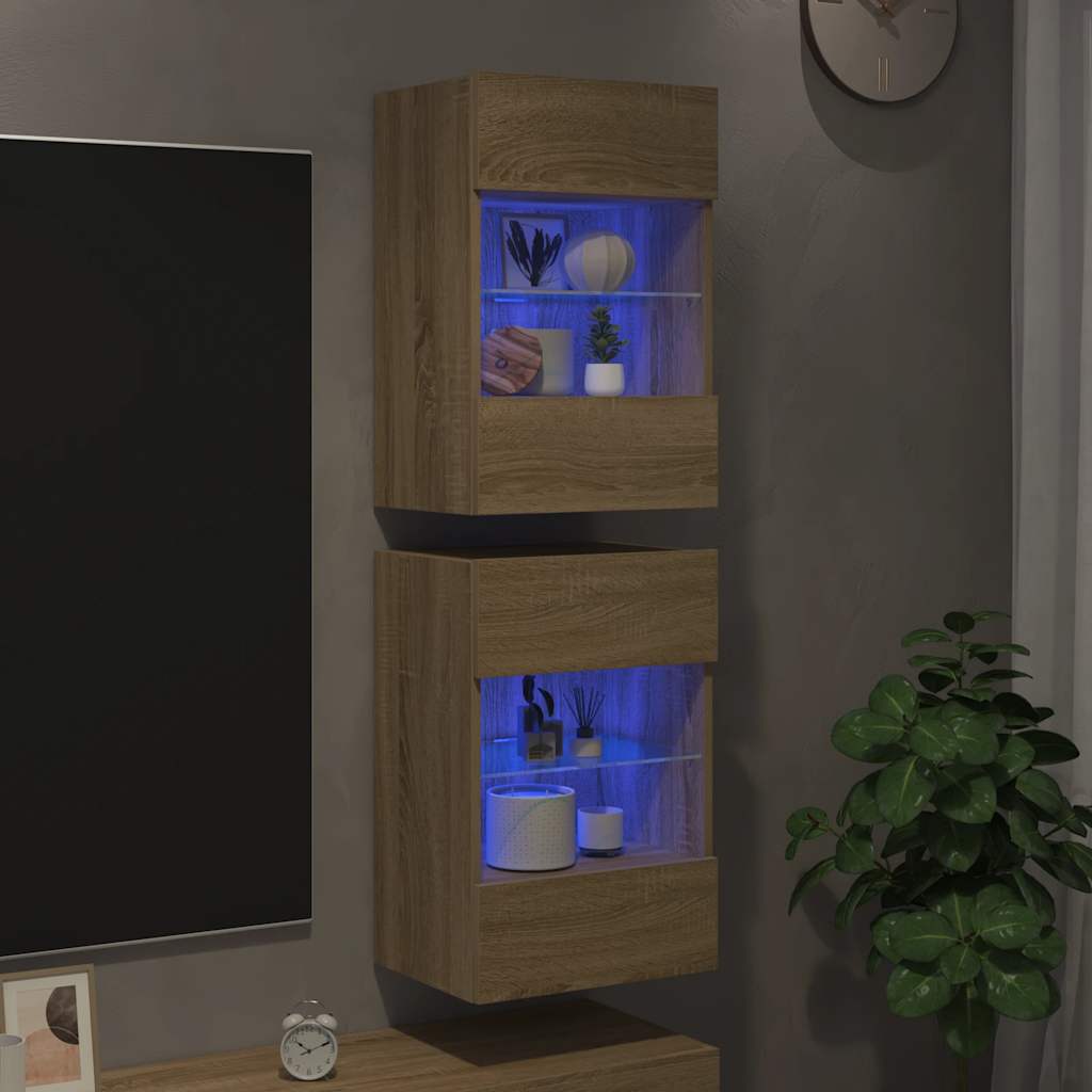 vidaXL Szafki wiszące z oświetleniem LED do telewizora, 2 szt., dąb sonoma, 40x30x60,5 cm