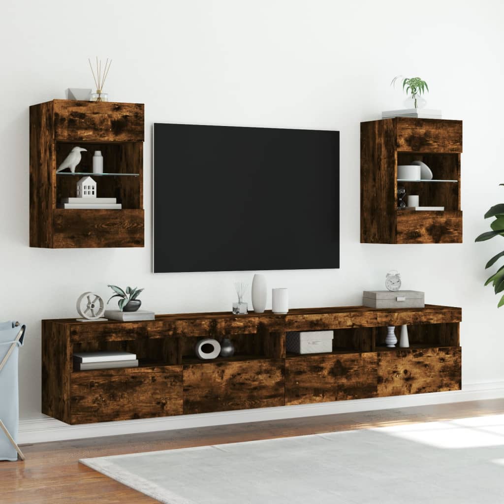 vidaXL Ścienna szafka TV z LED, przydymiony dąb, 40x30x60,5 cm