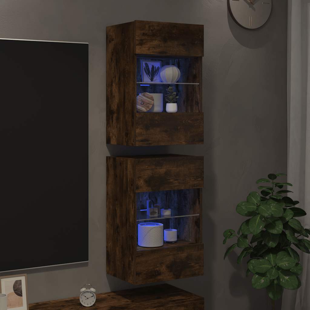 vidaXL Szafki wiszące z oświetleniem LED do telewizora, 2 szt., przydymiony dąb, 40x30x60,5 cm