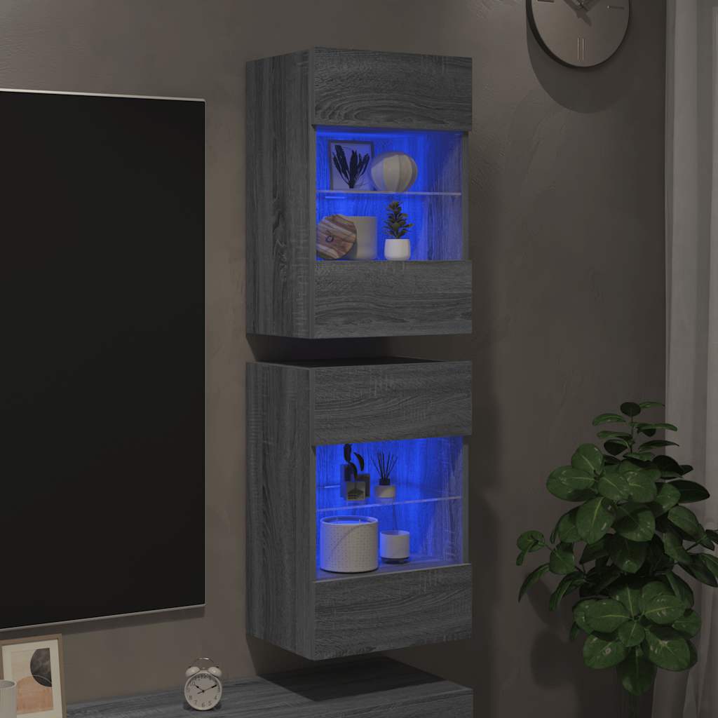 vidaXL Szafki wiszące z oświetleniem LED do telewizora, 2 szt, szary dąb sonoma, 40x30x60,5 cm