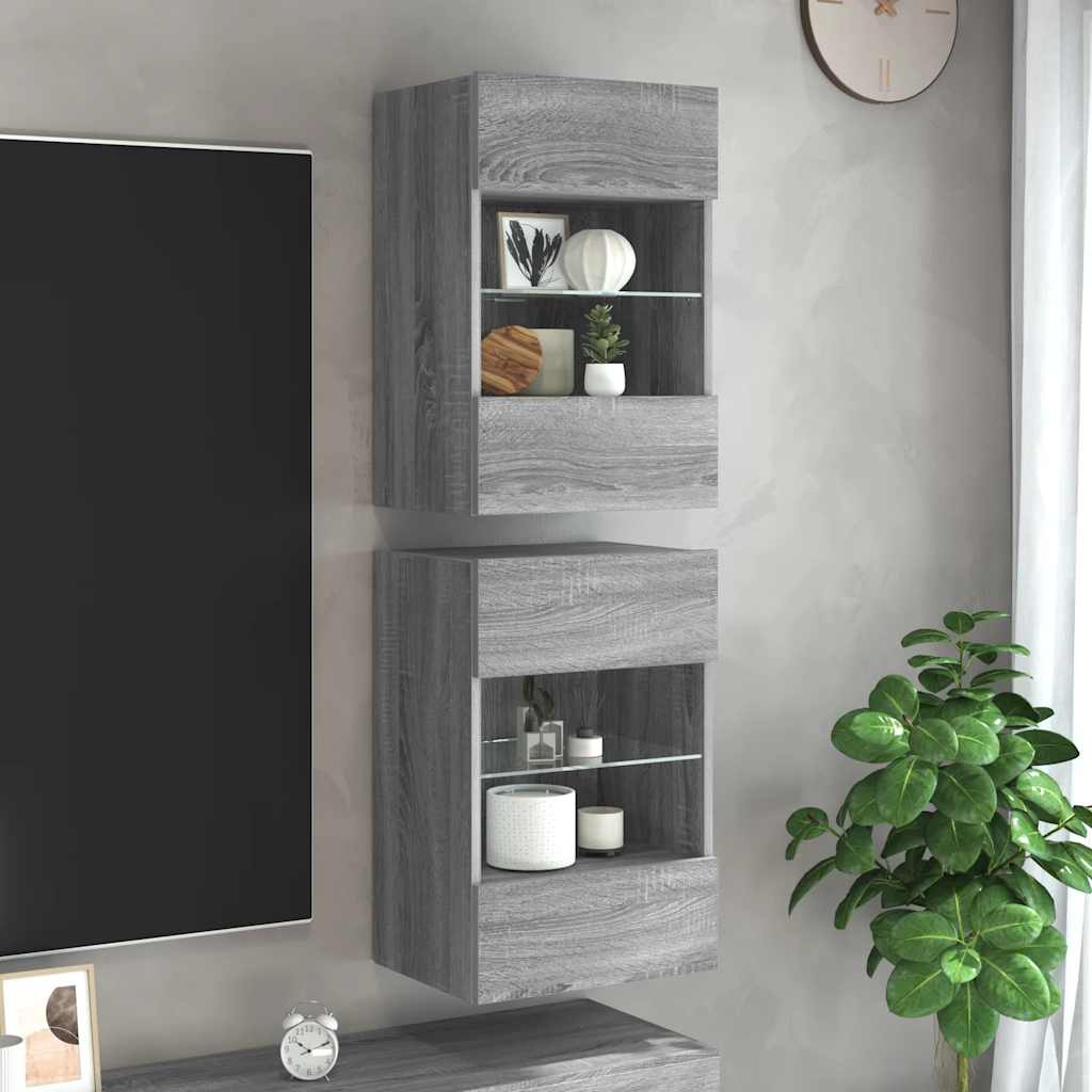vidaXL Szafki wiszące z oświetleniem LED do telewizora, 2 szt, szary dąb sonoma, 40x30x60,5 cm